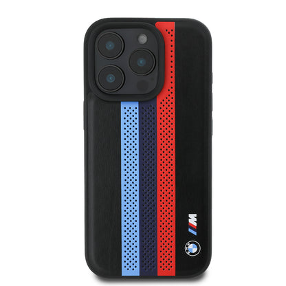 Coque MagSafe pour Apple iPhone 16 Pro Max, BMW, Perforated M Perf. Tricolor Stripers, Noire