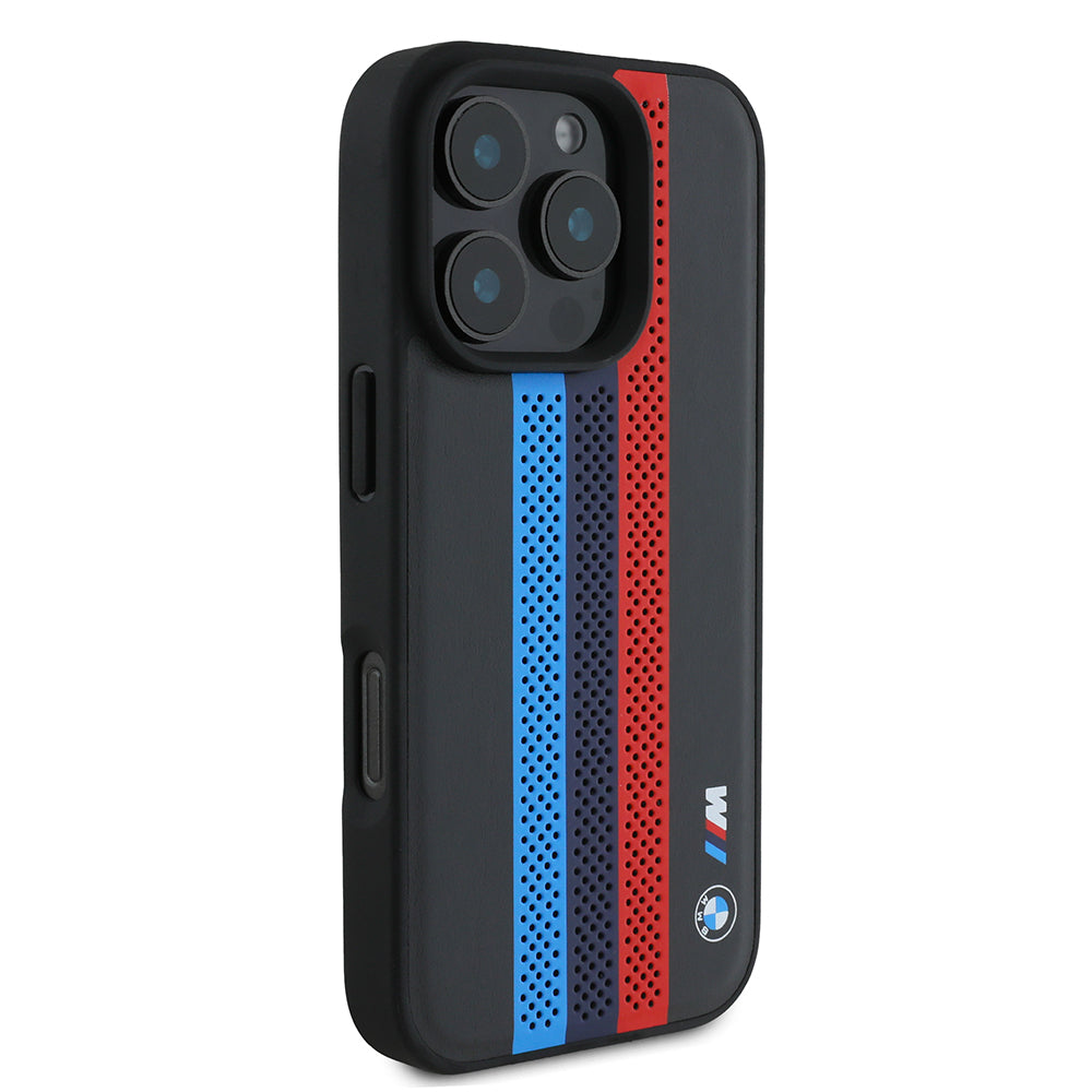 Coque MagSafe pour Apple iPhone 16 Pro Max, BMW, Perforated M Perf. Tricolor Stripers, Noire