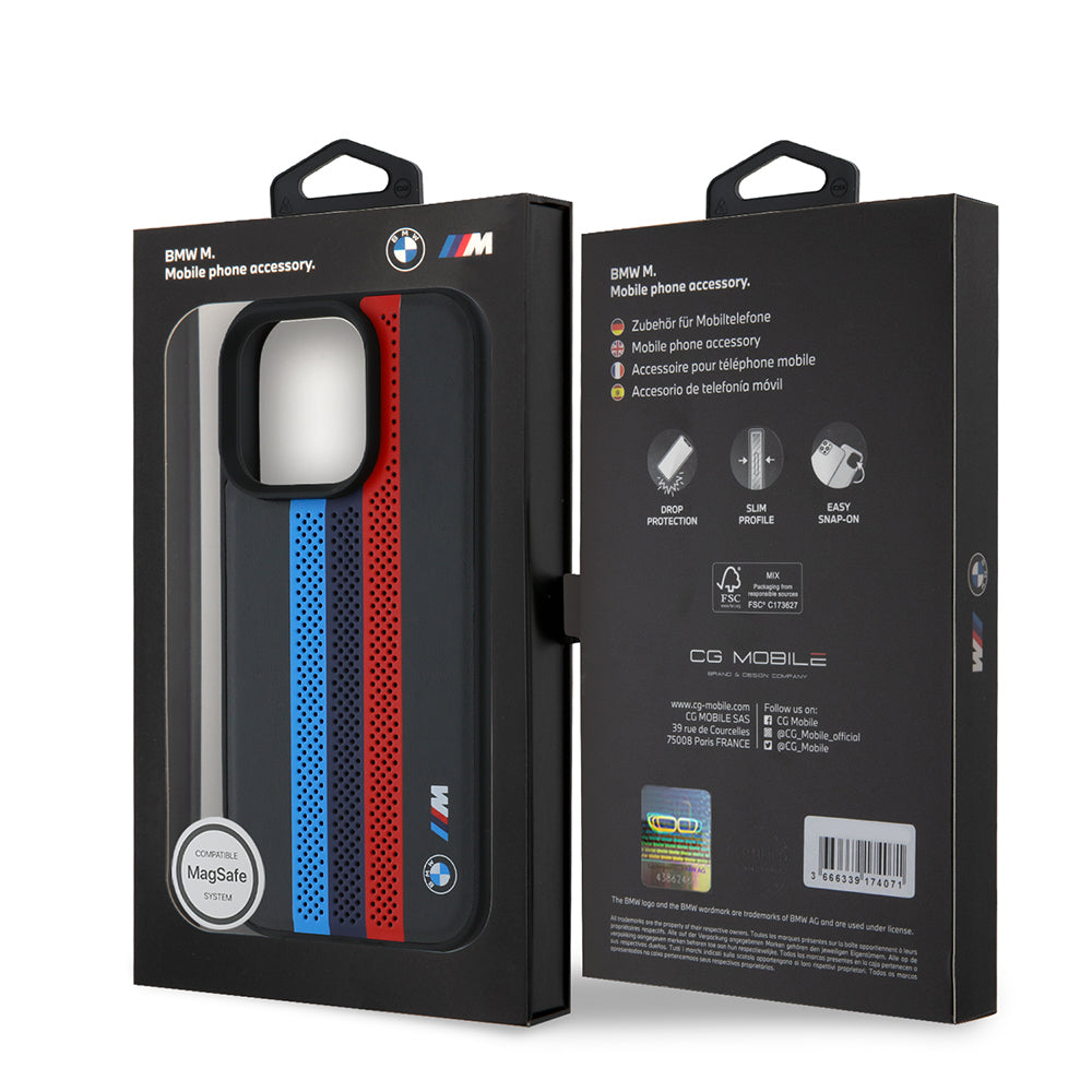 Coque MagSafe pour Apple iPhone 16 Pro Max, BMW, Perforated M Perf. Tricolor Stripers, Noire