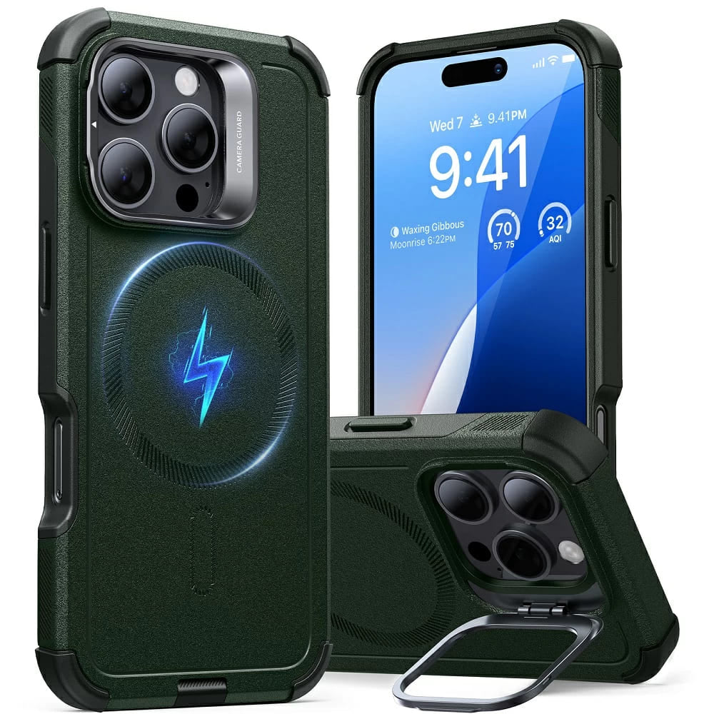 Étui MagSafe pour Apple iPhone 16 Pro Max, ESR, Cyber Armor Kickstand, Vert