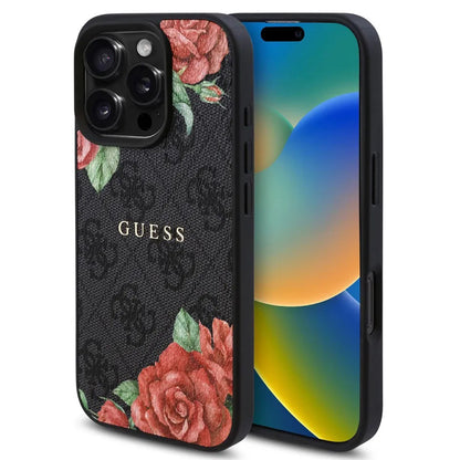 Coque MagSafe pour Apple iPhone 16 Pro Max, Guess, Imprimé Fleurs 4G, Noire