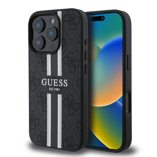 Étui MagSafe pour Apple iPhone 16 Pro Max, Guess, 4G Printed Stripes, Noir