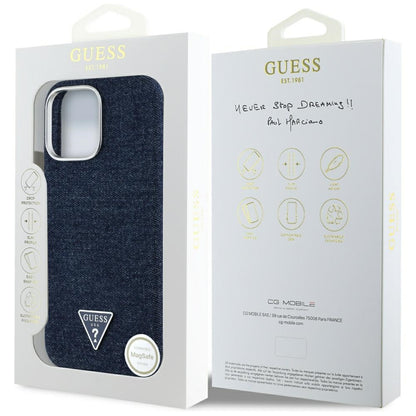 MagSafe Case for Apple iPhone 16 Pro Max, Guess, Denim Triangle Logo, Blue
