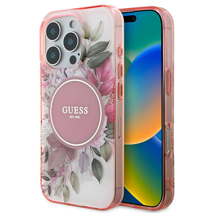 Étui MagSafe pour Apple iPhone 16 Pro Max, Guess, IML Flower & Tonal Circle, Rose