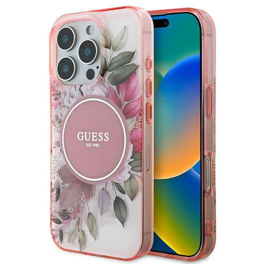 Étui MagSafe pour Apple iPhone 16 Pro Max, Guess, IML Flower & Tonal Circle, Rose