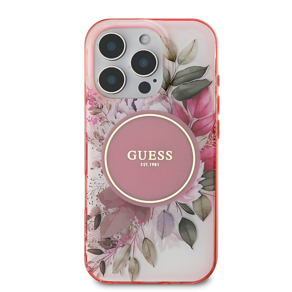 Étui MagSafe pour Apple iPhone 16 Pro Max, Guess, IML Flower & Tonal Circle, Rose