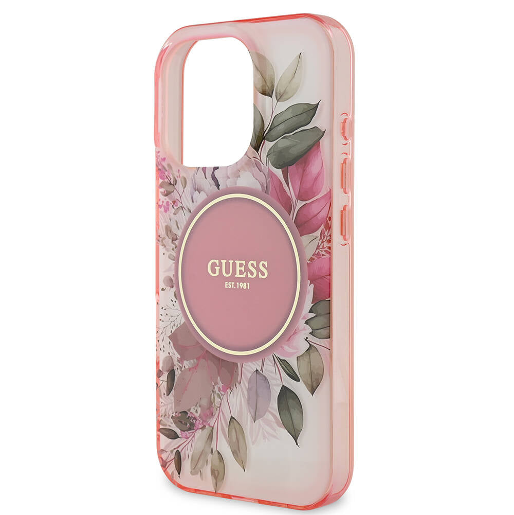 Étui MagSafe pour Apple iPhone 16 Pro Max, Guess, IML Flower & Tonal Circle, Rose