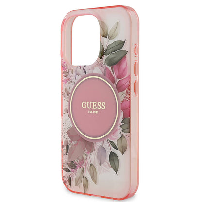Étui MagSafe pour Apple iPhone 16 Pro Max, Guess, IML Flower & Tonal Circle, Rose