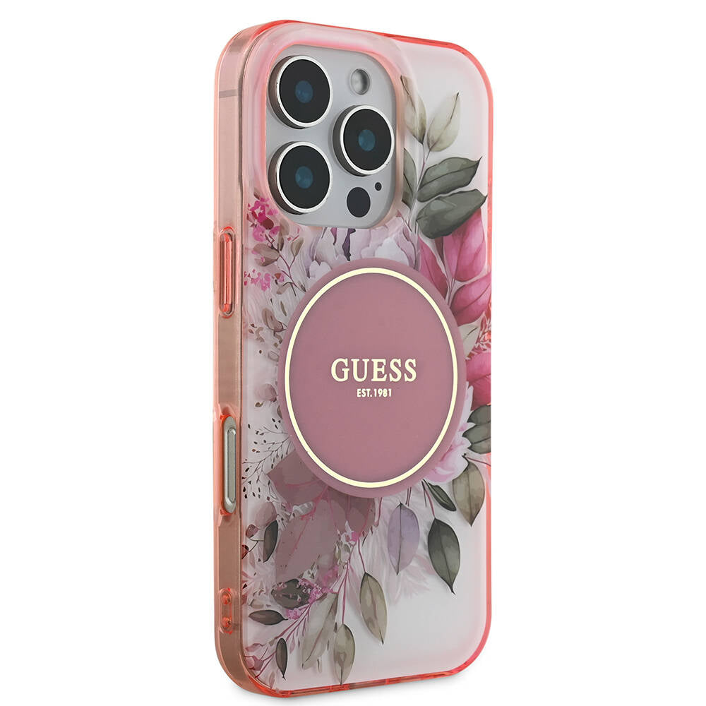 Étui MagSafe pour Apple iPhone 16 Pro Max, Guess, IML Flower & Tonal Circle, Rose