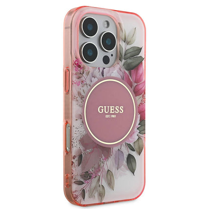 Étui MagSafe pour Apple iPhone 16 Pro Max, Guess, IML Flower & Tonal Circle, Rose