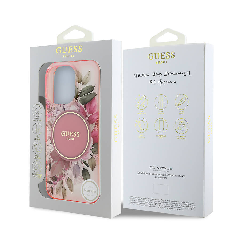 Étui MagSafe pour Apple iPhone 16 Pro Max, Guess, IML Flower & Tonal Circle, Rose