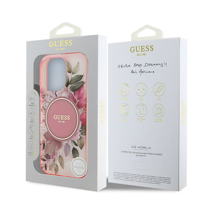 Étui MagSafe pour Apple iPhone 16 Pro Max, Guess, IML Flower & Tonal Circle, Rose