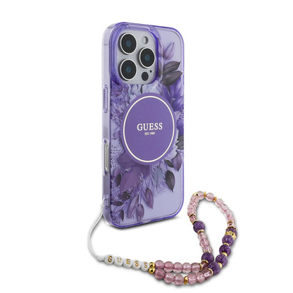 Étui MagSafe pour Apple iPhone 16 Pro Max, Guess, IML Flowers with Pearl Strap, Violet