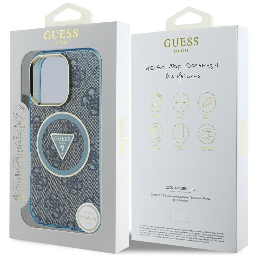 Étui MagSafe pour Apple iPhone 16 Pro Max, Guess, IML Glitter 4G Circle Triangle, Bleu