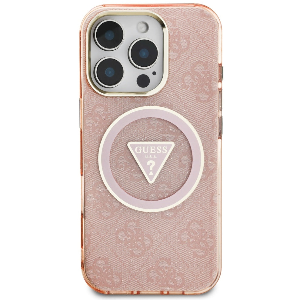 Étui MagSafe pour Apple iPhone 16 Pro Max, Guess, IML Glitter 4G Circle Triangle, Rose