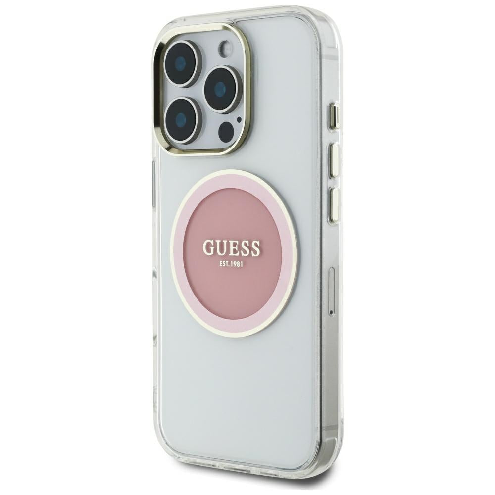 Étui MagSafe pour Apple iPhone 16 Pro Max, Guess, Cercle Métallique Coloré IML, Rose