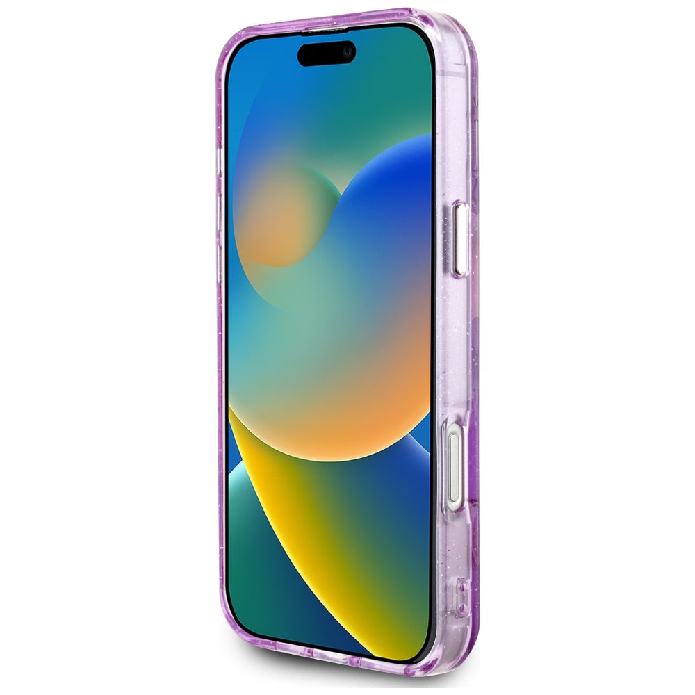 MagSafe Case for Apple iPhone 16 Pro Max, Guess, IML Metal Glitter Flowers Triangle, Purple