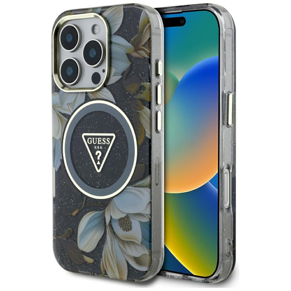 Coque MagSafe pour Apple iPhone 16 Pro Max, Guess, IML Metal Glitter Flowers Triangle, Noire