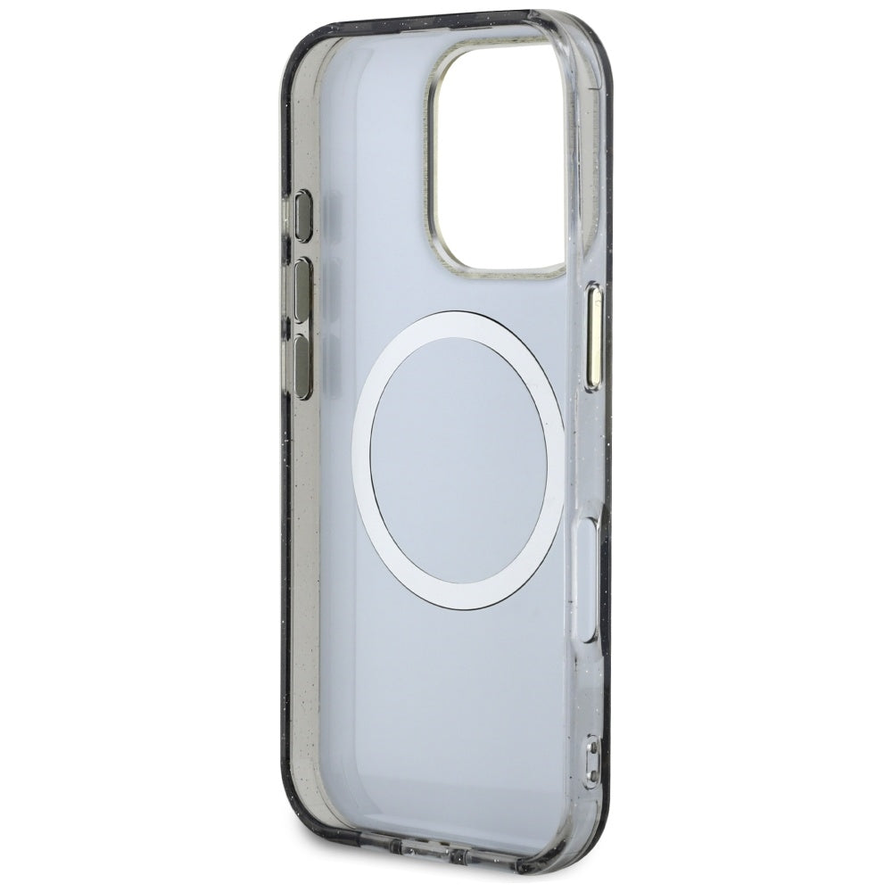 Coque MagSafe pour Apple iPhone 16 Pro Max, Guess, IML Metal Glitter Flowers Triangle, Noire