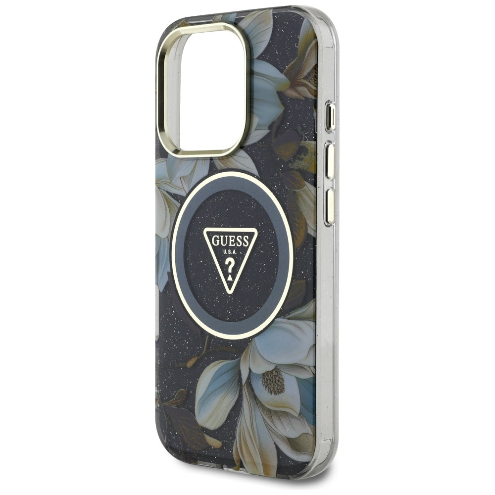 Coque MagSafe pour Apple iPhone 16 Pro Max, Guess, IML Metal Glitter Flowers Triangle, Noire