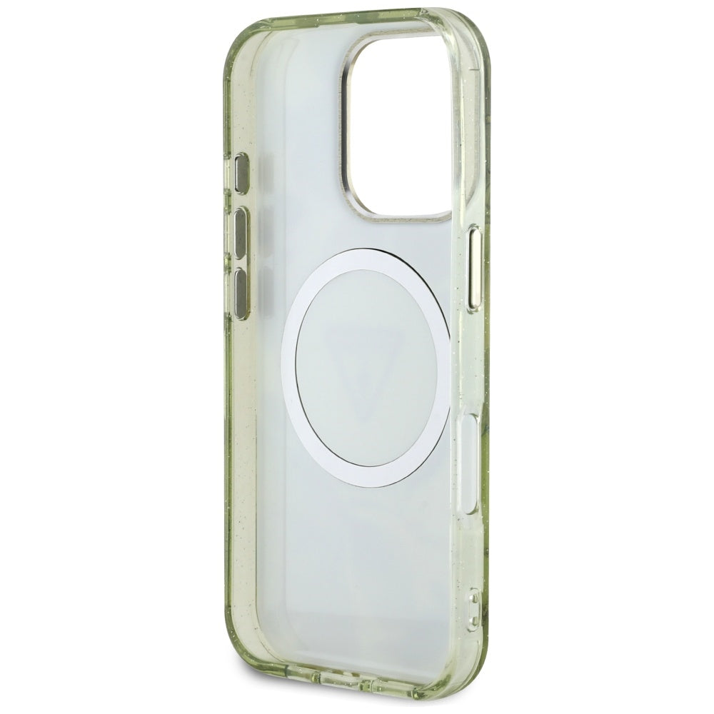 Étui MagSafe pour Apple iPhone 16 Pro Max, Guess, IML Metal Glitter Flowers Triangle, Vert