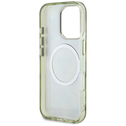 Étui MagSafe pour Apple iPhone 16 Pro Max, Guess, IML Metal Glitter Flowers Triangle, Vert