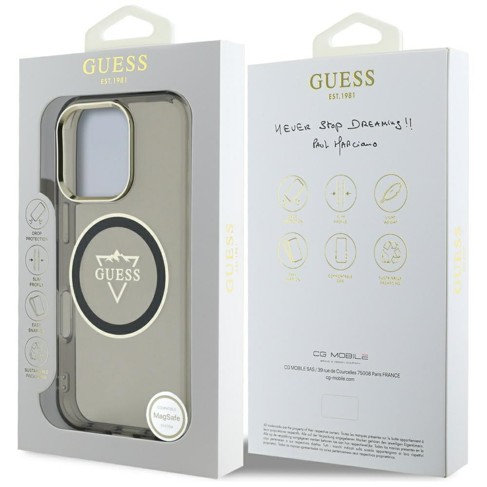 Coque MagSafe pour Apple iPhone 16 Pro Max, Guess, logo IML Metal Mountain, Noire