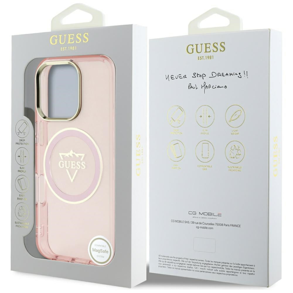 Coque MagSafe pour Apple iPhone 16 Pro Max, Guess, logo IML Metal Mountain, Rose