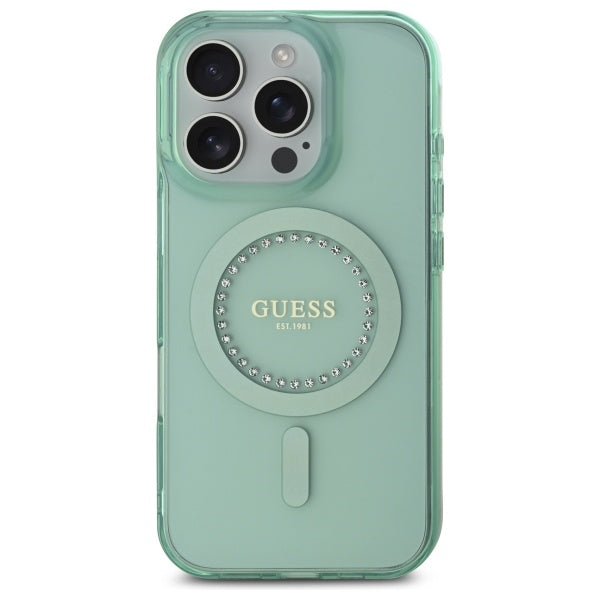 Étui MagSafe pour Apple iPhone 16 Pro Max, Guess, IML Rhinestone, Vert