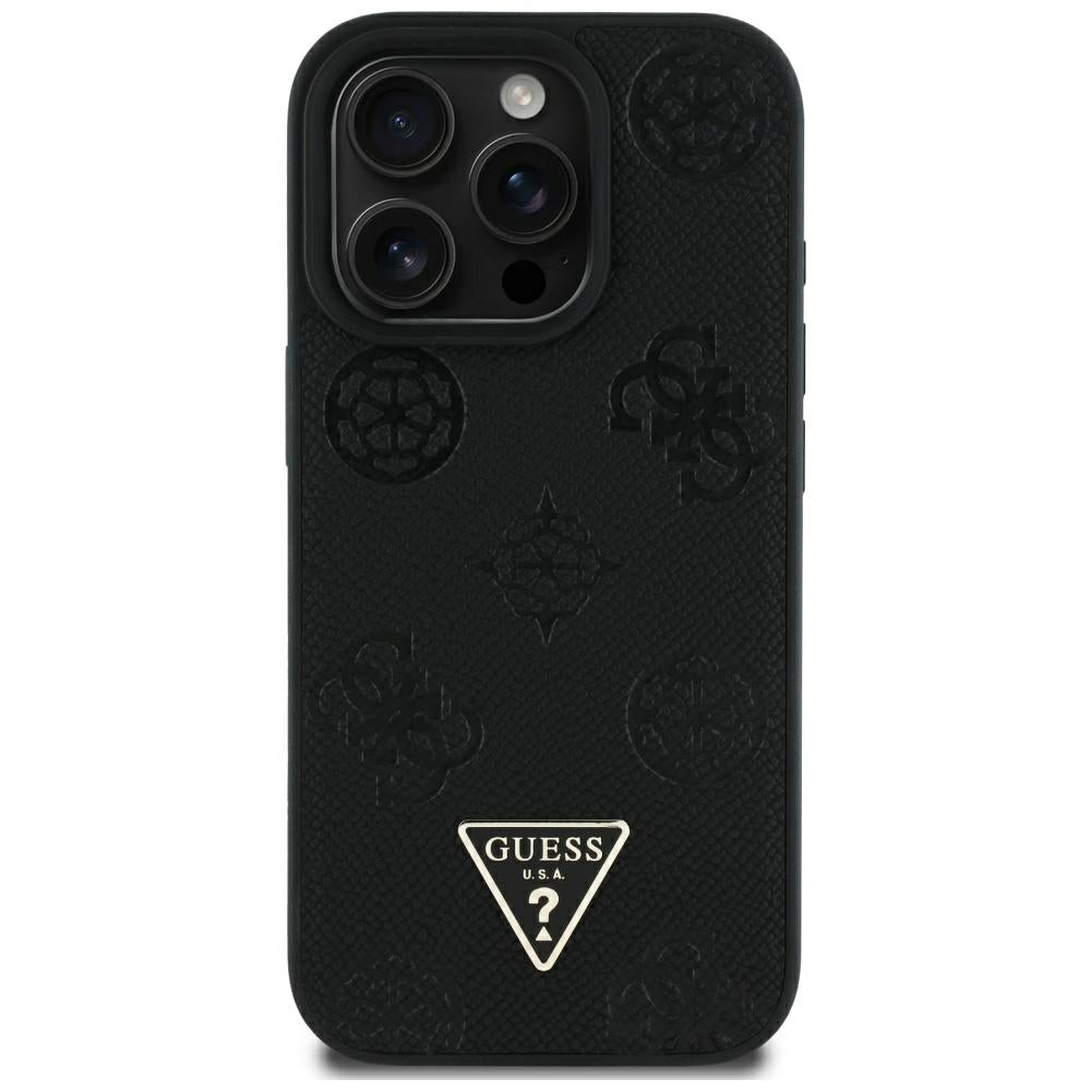 Étui MagSafe pour Apple iPhone 16 Pro Max, Guess, Peony Grained Hot Stamp Triangle, Noir