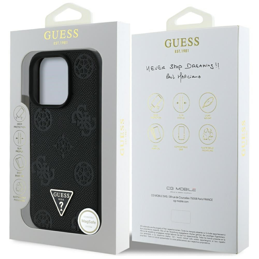 Étui MagSafe pour Apple iPhone 16 Pro Max, Guess, Peony Grained Hot Stamp Triangle, Noir