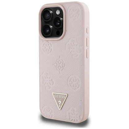 Coque MagSafe pour Apple iPhone 16 Pro Max, Guess, Peony Grained Hot Stamp Triangle, Rose