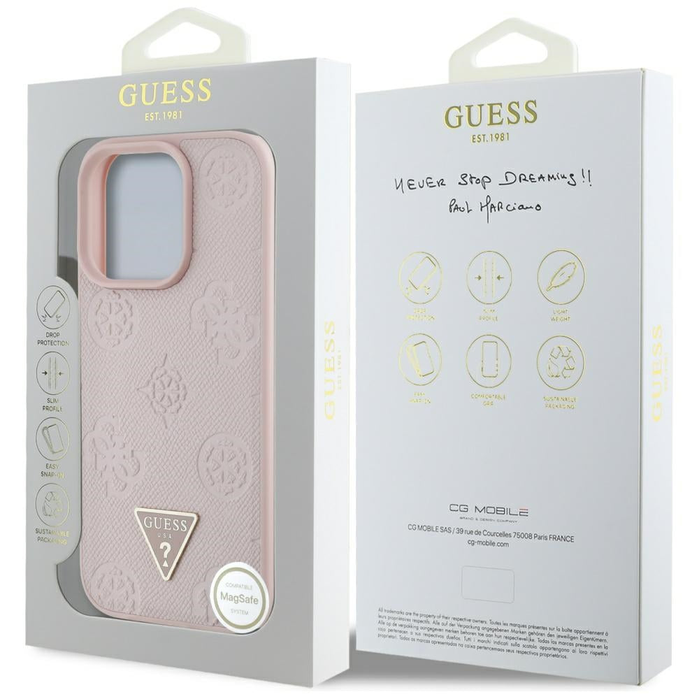Coque MagSafe pour Apple iPhone 16 Pro Max, Guess, Peony Grained Hot Stamp Triangle, Rose