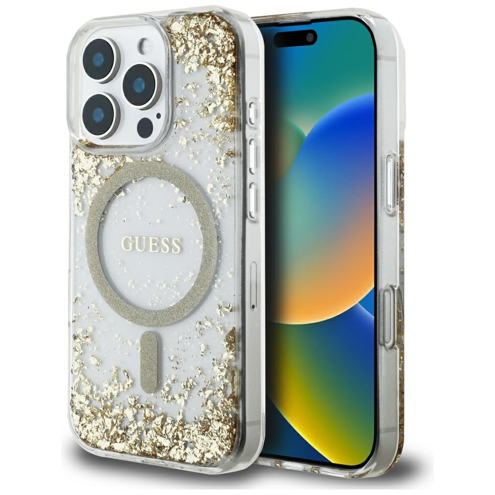 Coque MagSafe pour Apple iPhone 16 Pro Max, Guess, Resin Bottom Glitter, Dorée