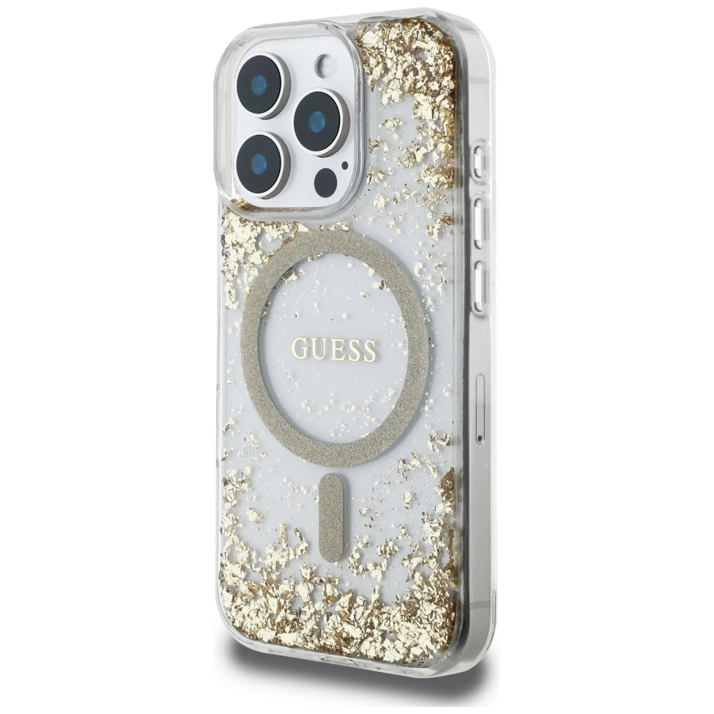 Coque MagSafe pour Apple iPhone 16 Pro Max, Guess, Resin Bottom Glitter, Dorée