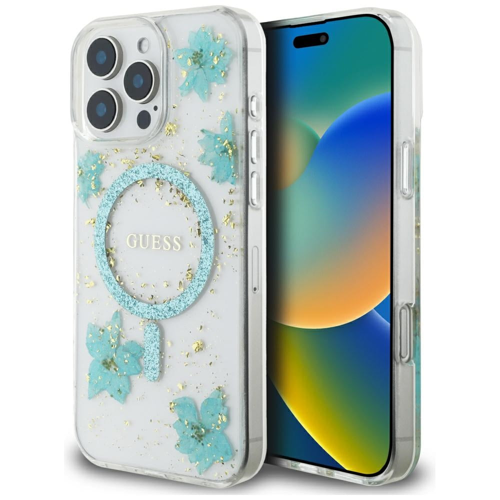 Coque MagSafe pour Apple iPhone 16 Pro Max, Guess, Resin Flowers and Glitter, Turquoise