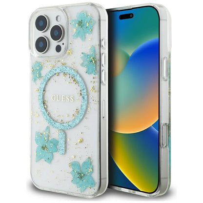 Coque MagSafe pour Apple iPhone 16 Pro Max, Guess, Resin Flowers and Glitter, Turquoise