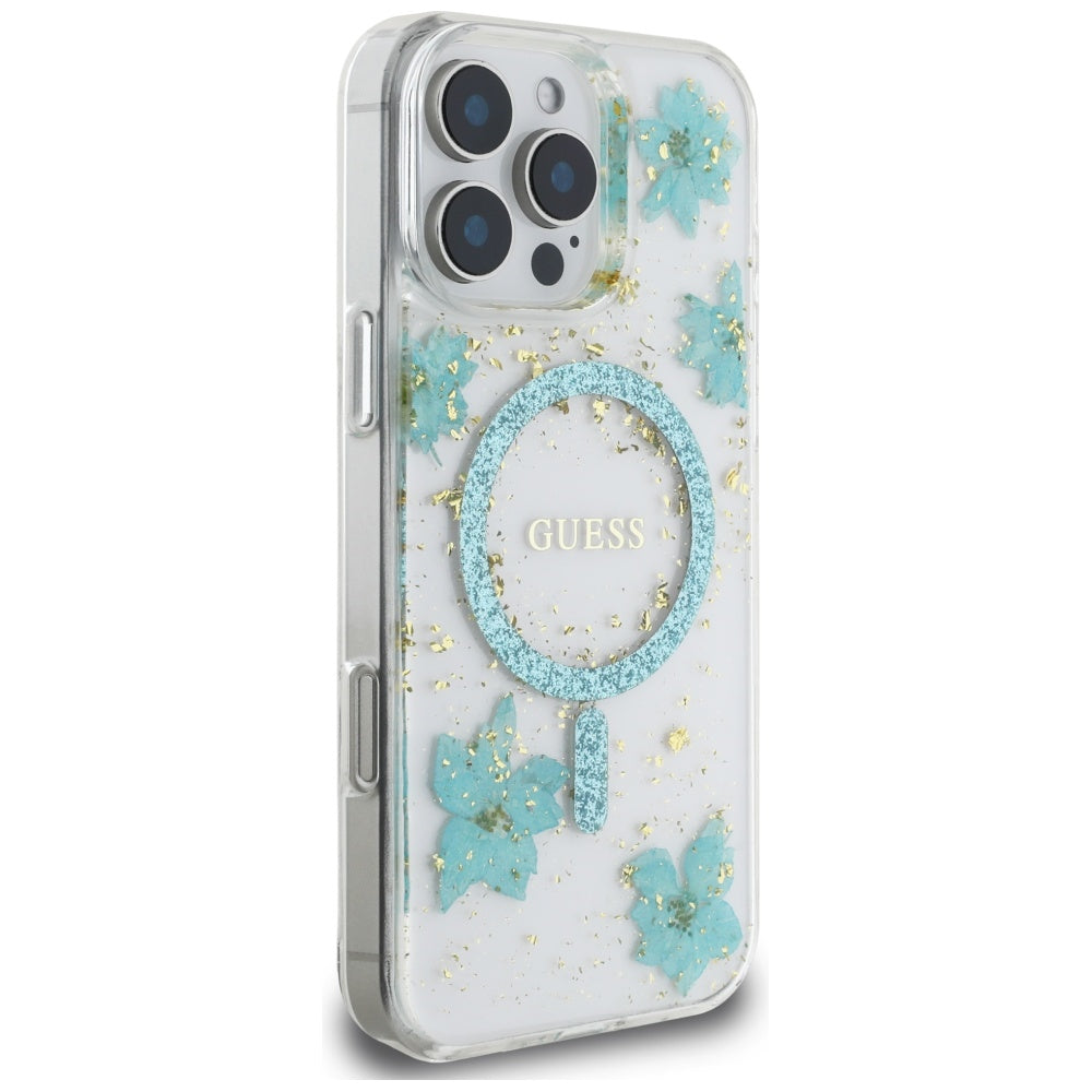 Coque MagSafe pour Apple iPhone 16 Pro Max, Guess, Resin Flowers and Glitter, Turquoise