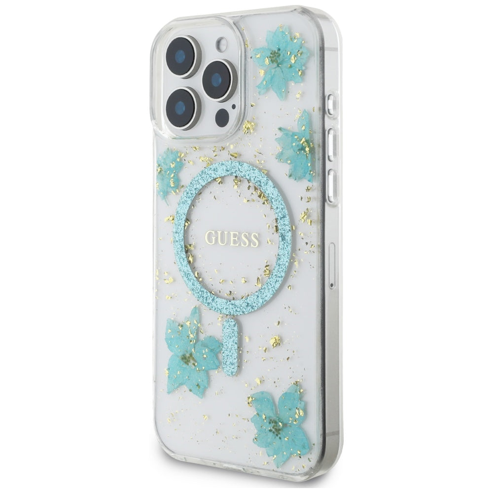 Coque MagSafe pour Apple iPhone 16 Pro Max, Guess, Resin Flowers and Glitter, Turquoise