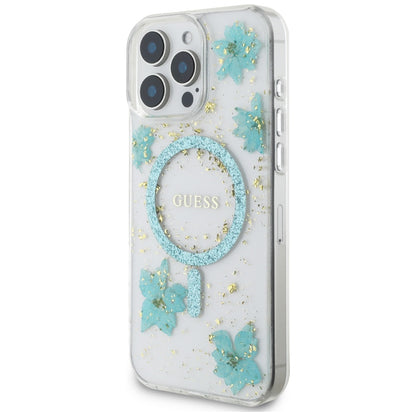 Coque MagSafe pour Apple iPhone 16 Pro Max, Guess, Resin Flowers and Glitter, Turquoise
