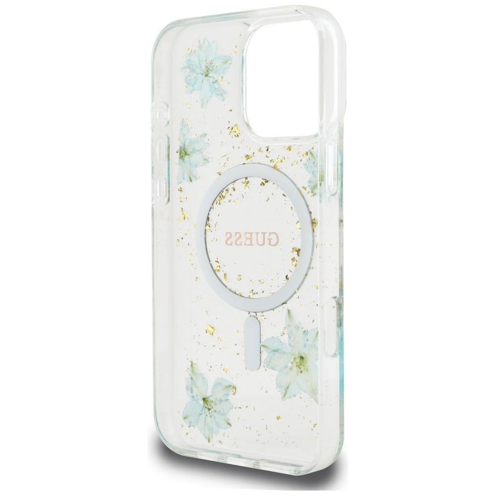 Coque MagSafe pour Apple iPhone 16 Pro Max, Guess, Resin Flowers and Glitter, Turquoise
