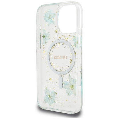 Coque MagSafe pour Apple iPhone 16 Pro Max, Guess, Resin Flowers and Glitter, Turquoise