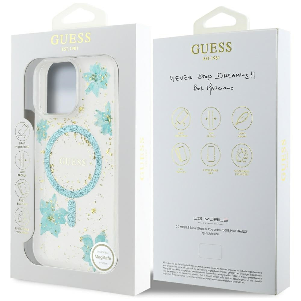Coque MagSafe pour Apple iPhone 16 Pro Max, Guess, Resin Flowers and Glitter, Turquoise