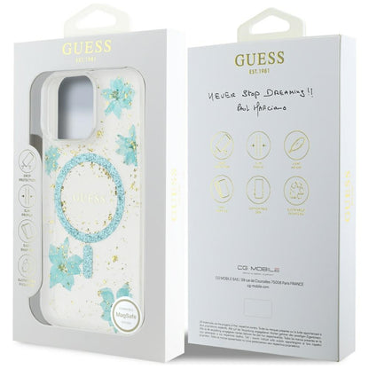 Coque MagSafe pour Apple iPhone 16 Pro Max, Guess, Resin Flowers and Glitter, Turquoise
