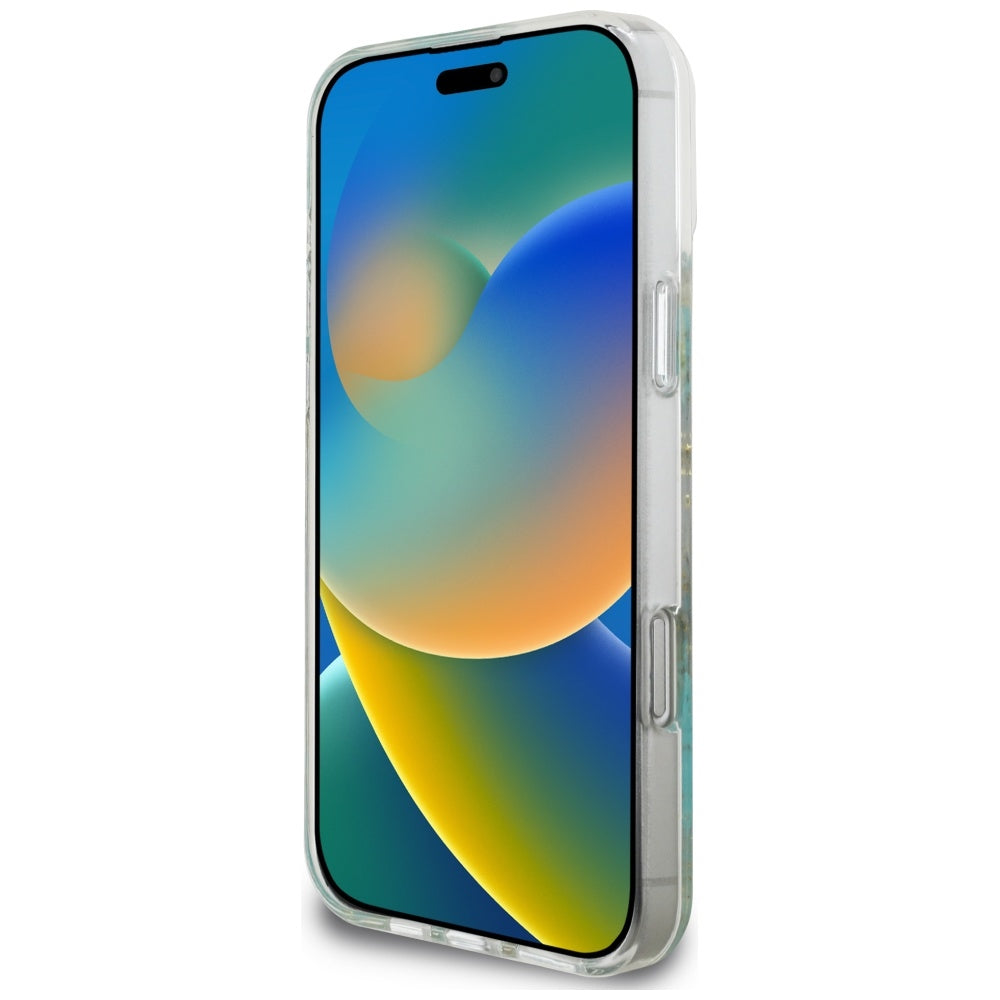 Coque MagSafe pour Apple iPhone 16 Pro Max, Guess, Resin Flowers and Glitter, Turquoise