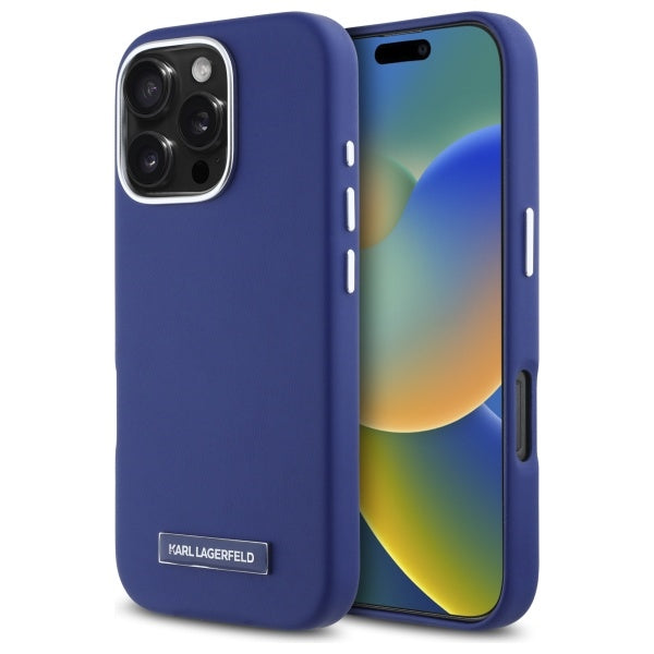 Coque MagSafe pour Apple iPhone 16 Pro Max, Karl Lagerfeld, FW Metal Plate, Bleue