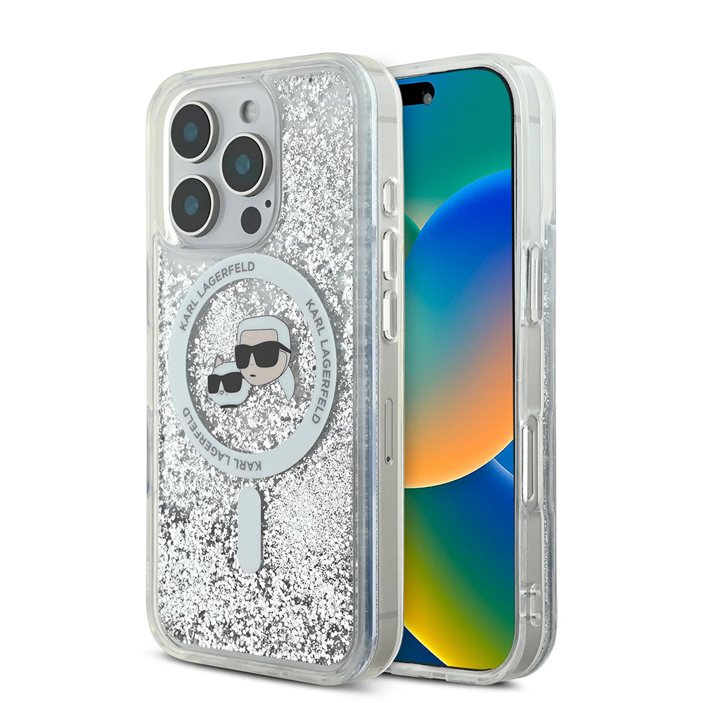 Coque MagSafe pour Apple iPhone 16 Pro Max, Karl Lagerfeld, Liquid Glitter Karl & Choupette's Heads, Transparente