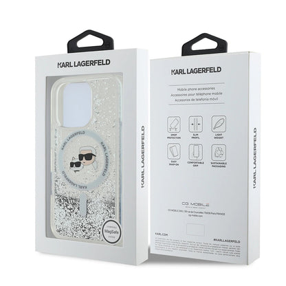 Coque MagSafe pour Apple iPhone 16 Pro Max, Karl Lagerfeld, Liquid Glitter Karl & Choupette's Heads, Transparente