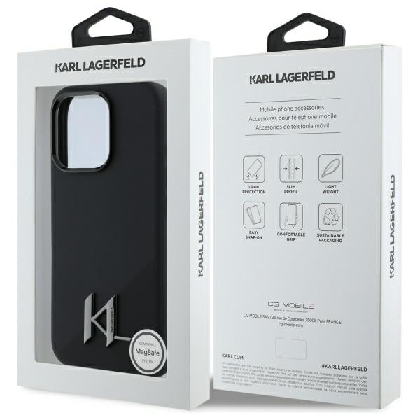 Coque MagSafe pour Apple iPhone 16 Pro Max, Karl Lagerfeld, Silicone Shadow Metal Initial, Noire