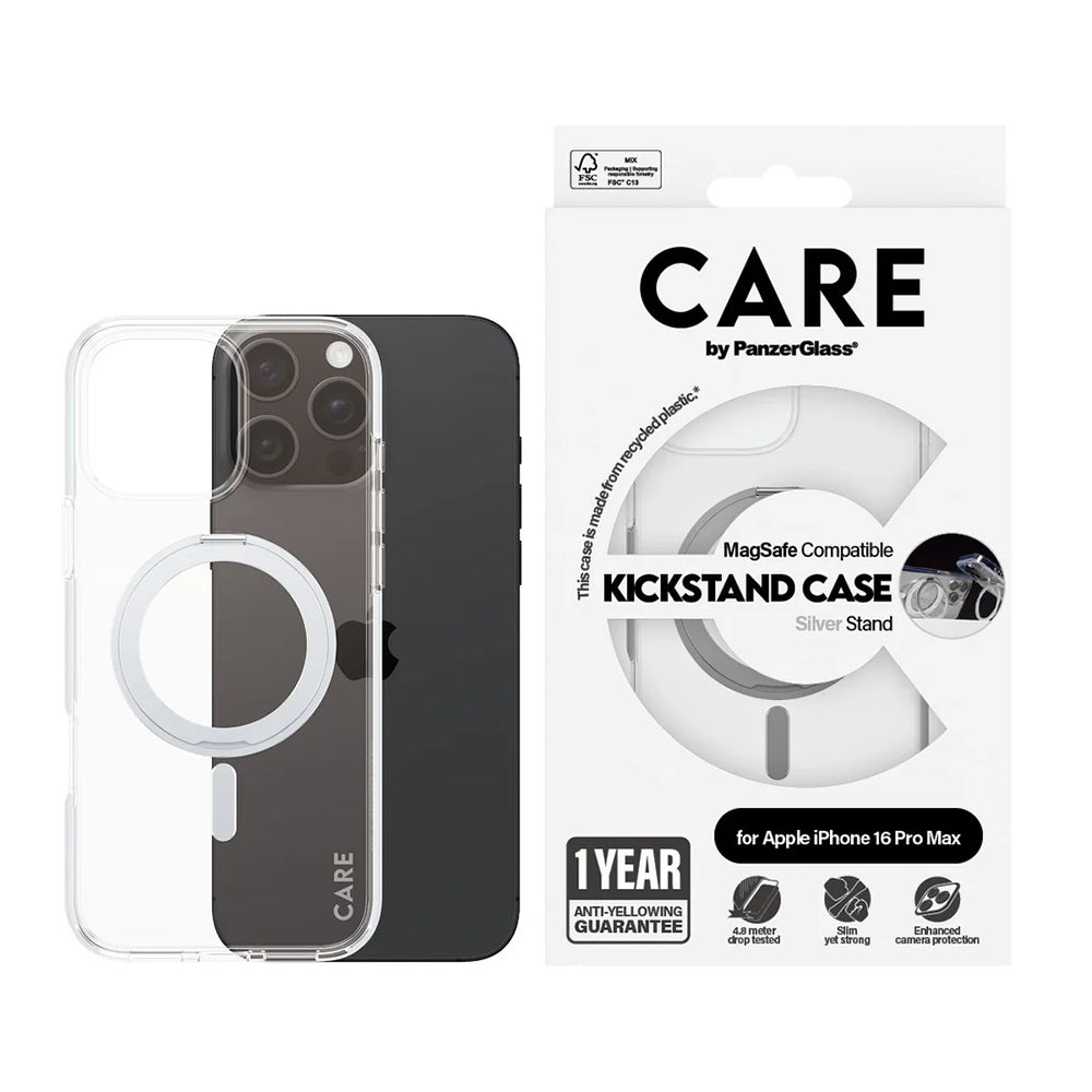 Housse MagSafe pour Apple iPhone 16 Pro Max, PanzerGlass, Fonction Support Kickstand, Transparente Argentée
